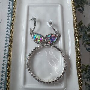 #10 AB Crystal Teardrop Dangle Earrings and Bracelet Set - Iridescent